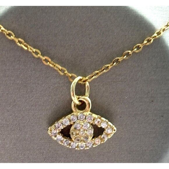 Gold Evil Eye Pendant Necklace With Rhinestone Accents On Thin Chain Adjustable - Picture 1 of 5